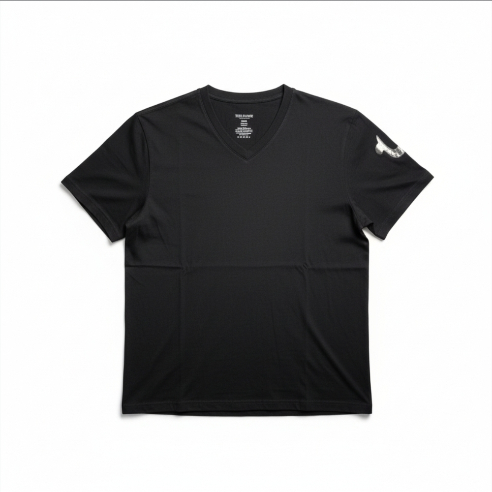 True Religion Black V-Neck T-Shirt with Metallic Horseshoe Logo